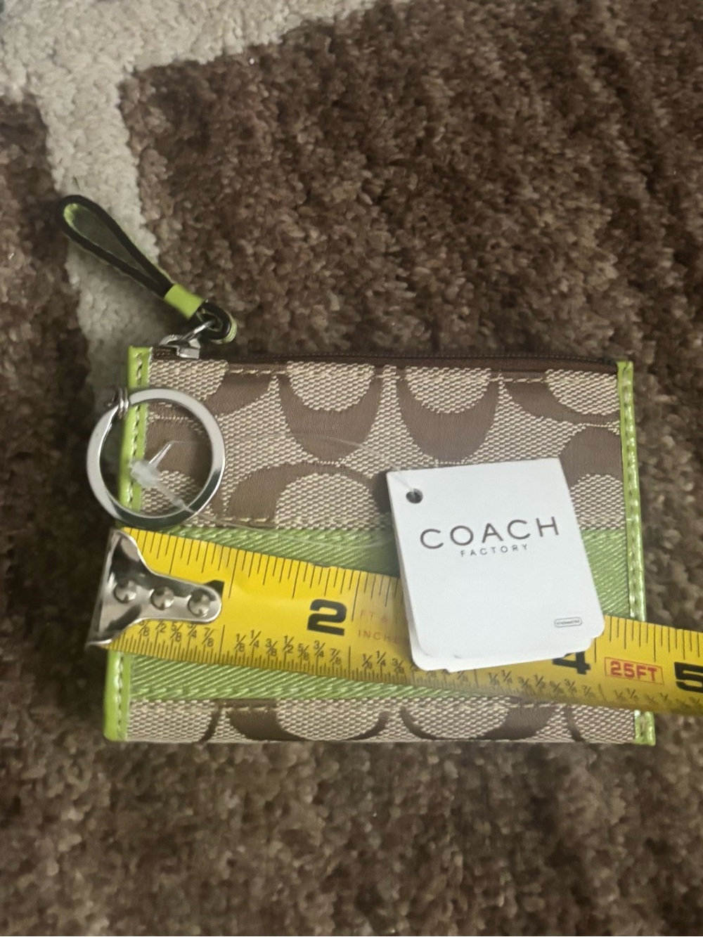 Coach Brown Signature Canvas Card Case with Lime Trim and Keyring - Picture 2 of 5